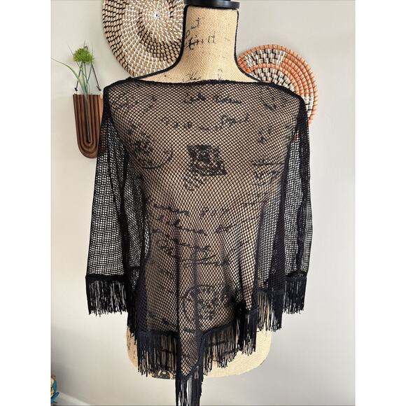Black Vintage Mesh Fringe Kimono Shawl - Boho Witchy Goth - Picture 2 of 4